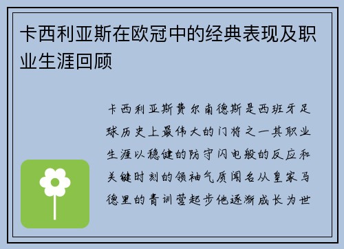卡西利亚斯在欧冠中的经典表现及职业生涯回顾
